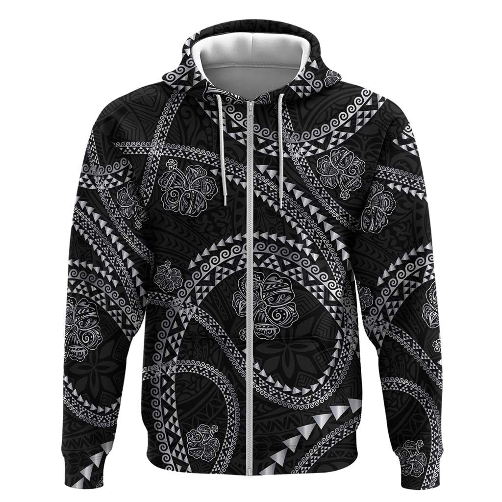 Hawaiian Kakau Art and Hisbiscus Tattoo Hoodie Tribal Pattern-Silver Style - Polynesian Pride