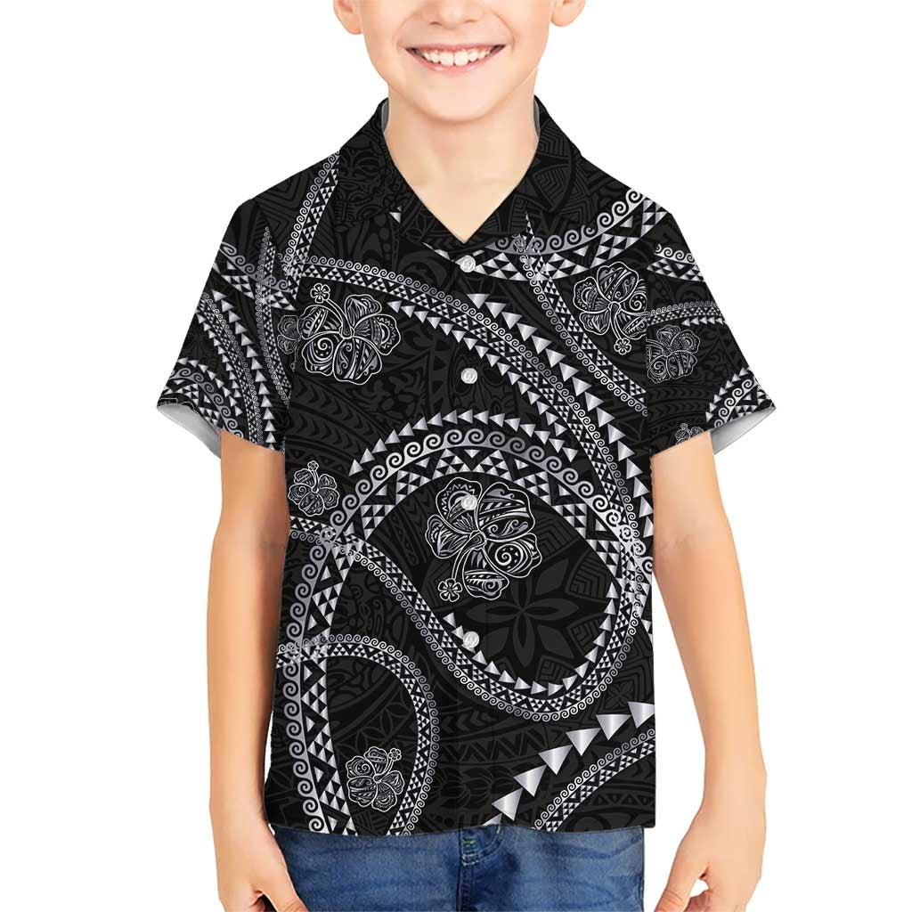 Hawaiian Kakau Art and Hisbiscus Tattoo Kid Hawaiian Shirt Tribal Pattern-Silver Style LT03 Kid Black - Polynesian Pride