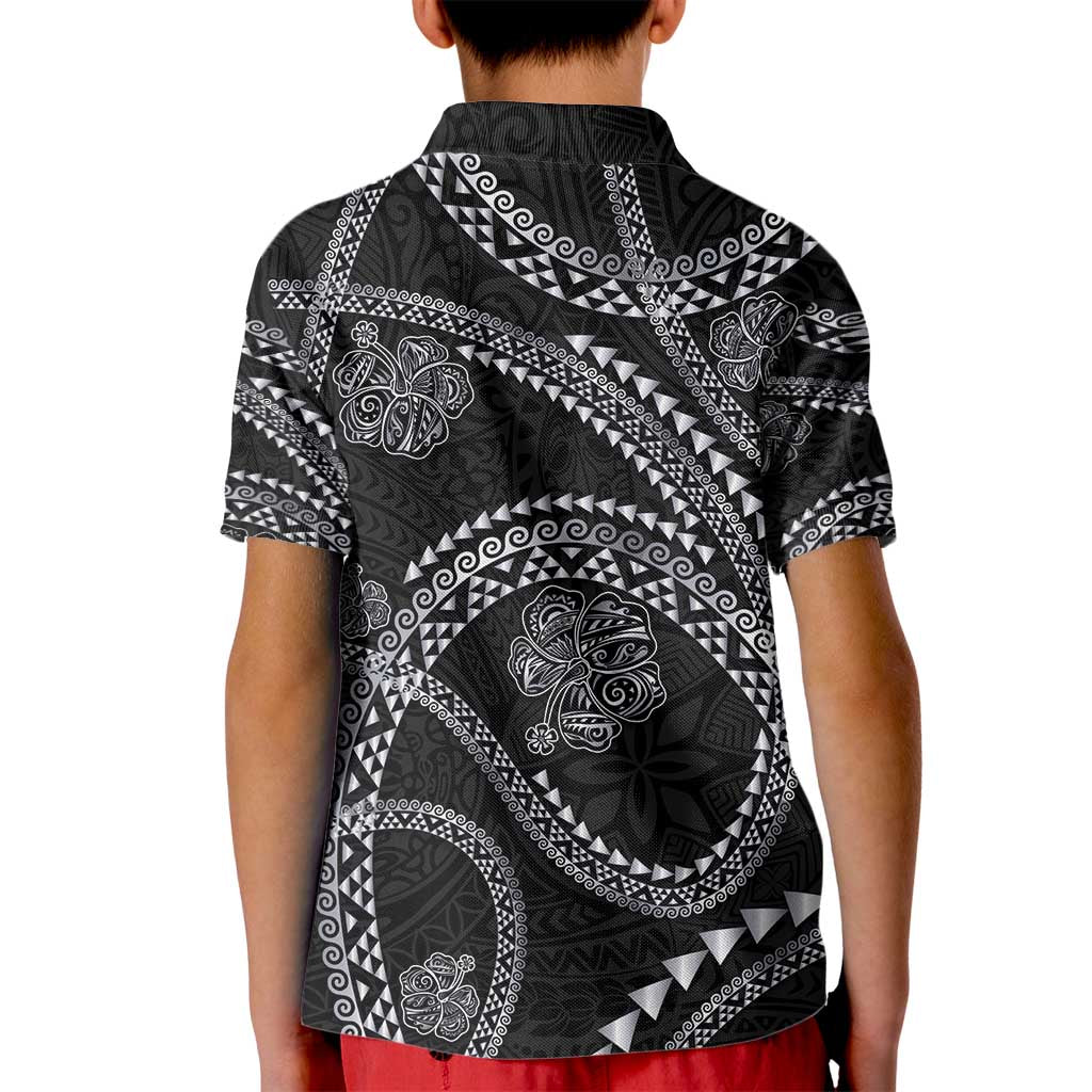 Hawaiian Kakau Art and Hisbiscus Tattoo Kid Polo Shirt Tribal Pattern-Silver Style - Polynesian Pride