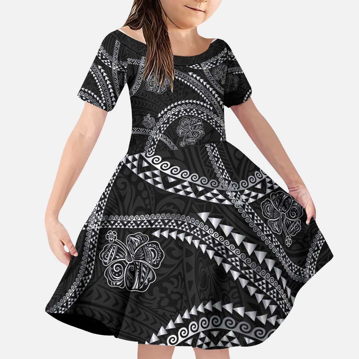 Hawaiian Kakau Art and Hisbiscus Tattoo Kid Short Sleeve Dress Tribal Pattern-Silver Style - Polynesian Pride