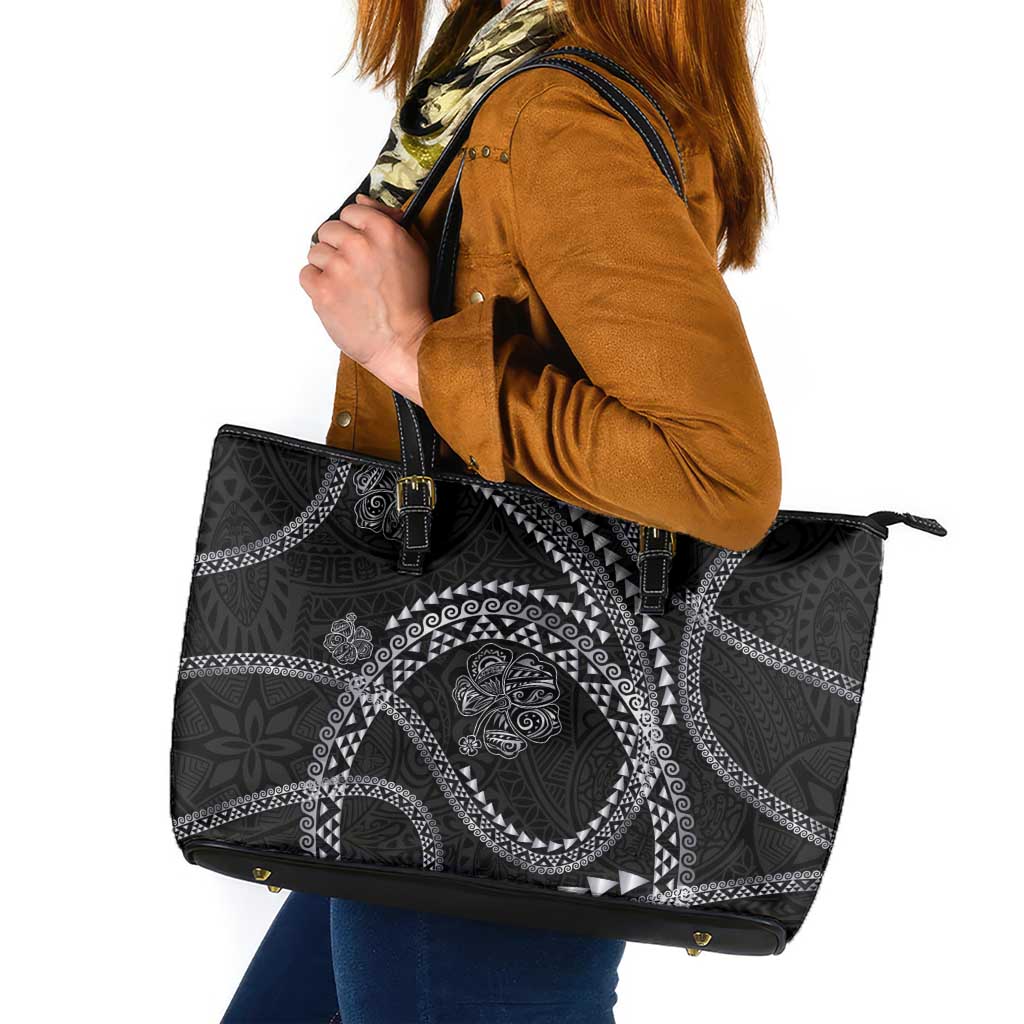 Hawaiian Kakau Art and Hisbiscus Tattoo Leather Tote Bag Tribal Pattern-Silver Style - Polynesian Pride