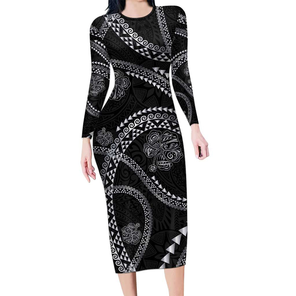Hawaiian Kakau Art and Hisbiscus Tattoo Long Sleeve Bodycon Dress Tribal Pattern-Silver Style - Polynesian Pride