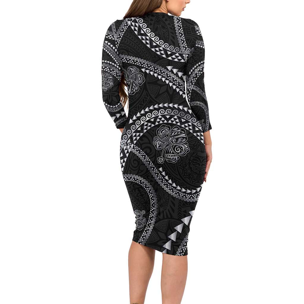 Hawaiian Kakau Art and Hisbiscus Tattoo Long Sleeve Bodycon Dress Tribal Pattern-Silver Style - Polynesian Pride