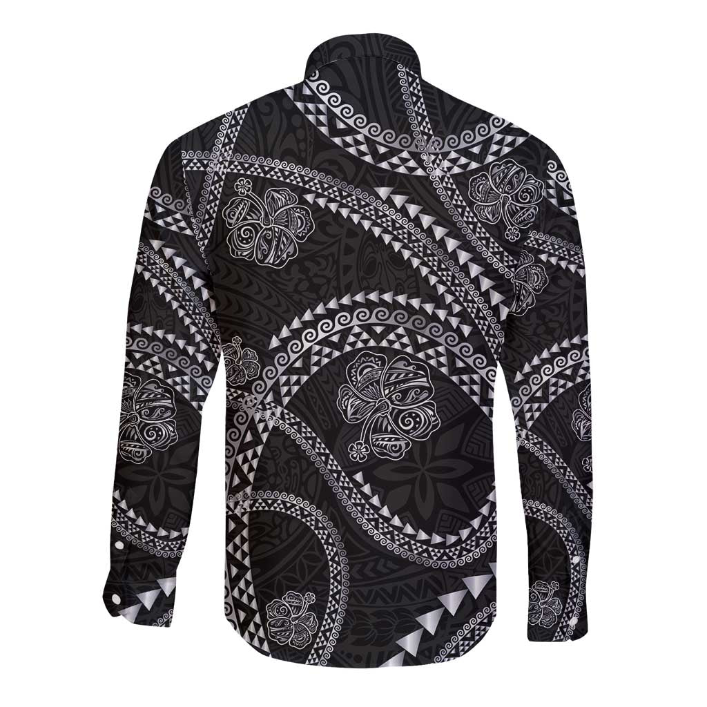 Hawaiian Kakau Art and Hisbiscus Tattoo Long Sleeve Button Shirt Tribal Pattern-Silver Style - Polynesian Pride