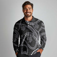 Hawaiian Kakau Art and Hisbiscus Tattoo Long Sleeve Polo Shirt Tribal Pattern-Silver Style - Polynesian Pride