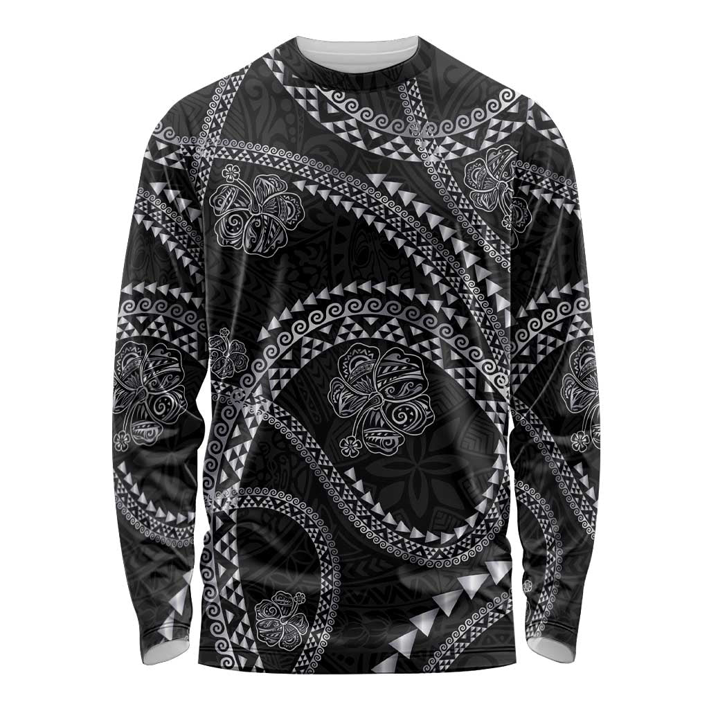 Hawaiian Kakau Art and Hisbiscus Tattoo Long Sleeve Shirt Tribal Pattern-Silver Style - Polynesian Pride