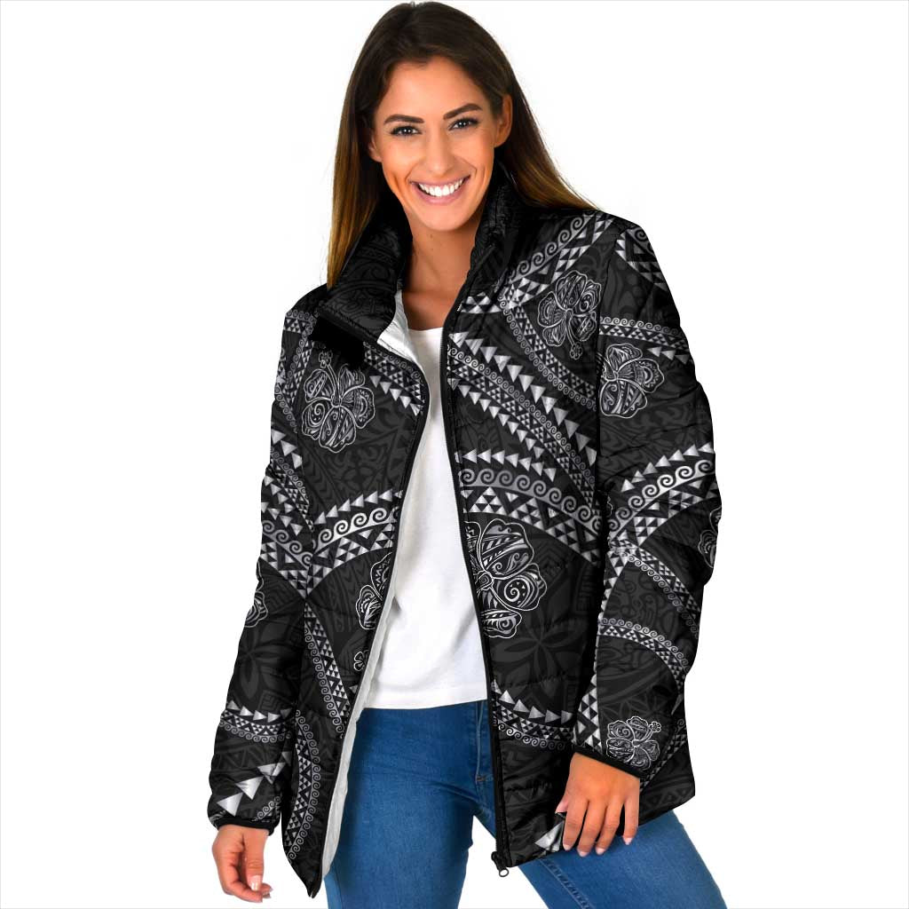 Hawaiian Kakau Art and Hisbiscus Tattoo Padded Jacket Tribal Pattern-Silver Style - Polynesian Pride