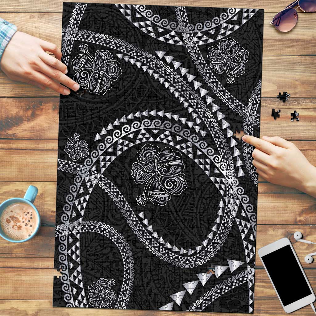 Hawaiian Kakau Art and Hisbiscus Tattoo Puzzle Tribal Pattern-Silver Style LT03 Black - Polynesian Pride