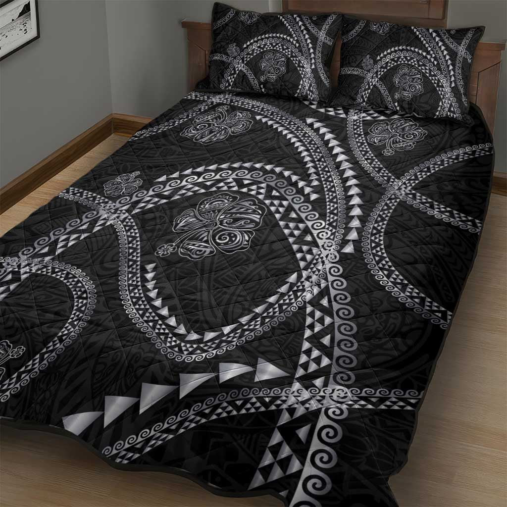 Hawaiian Kakau Art and Hisbiscus Tattoo Quilt Bed Set Tribal Pattern-Silver Style - Polynesian Pride