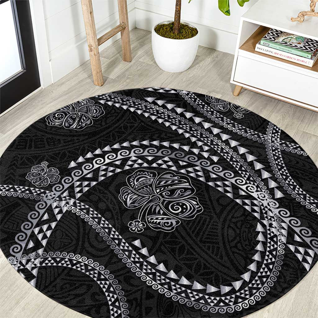 Hawaiian Kakau Art and Hisbiscus Tattoo Round Carpet Tribal Pattern-Silver Style LT03 Black - Polynesian Pride