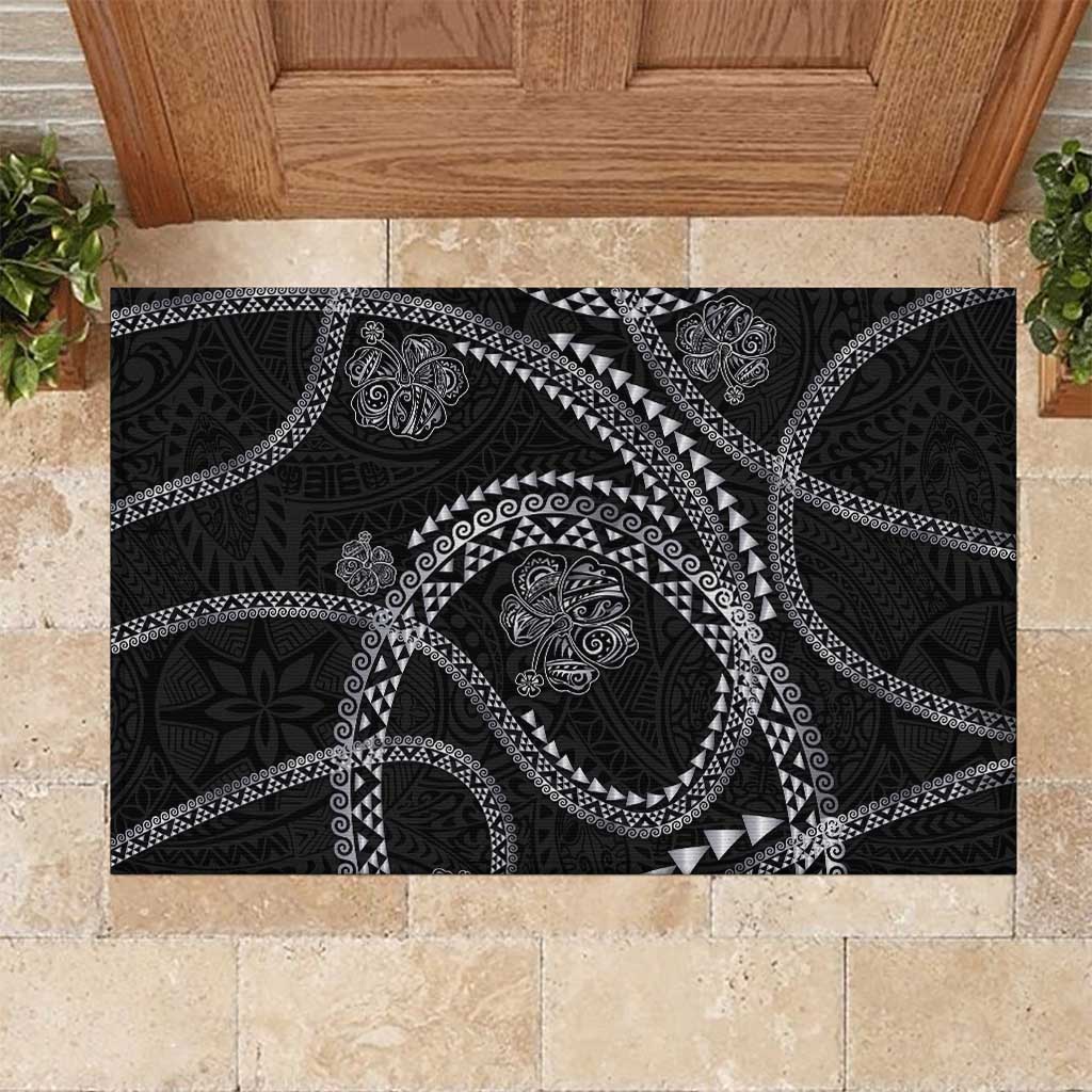Hawaiian Kakau Art and Hisbiscus Tattoo Rubber Doormat Tribal Pattern-Silver Style - Polynesian Pride