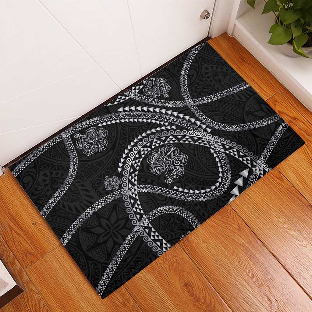 Hawaiian Kakau Art and Hisbiscus Tattoo Rubber Doormat Tribal Pattern-Silver Style - Polynesian Pride