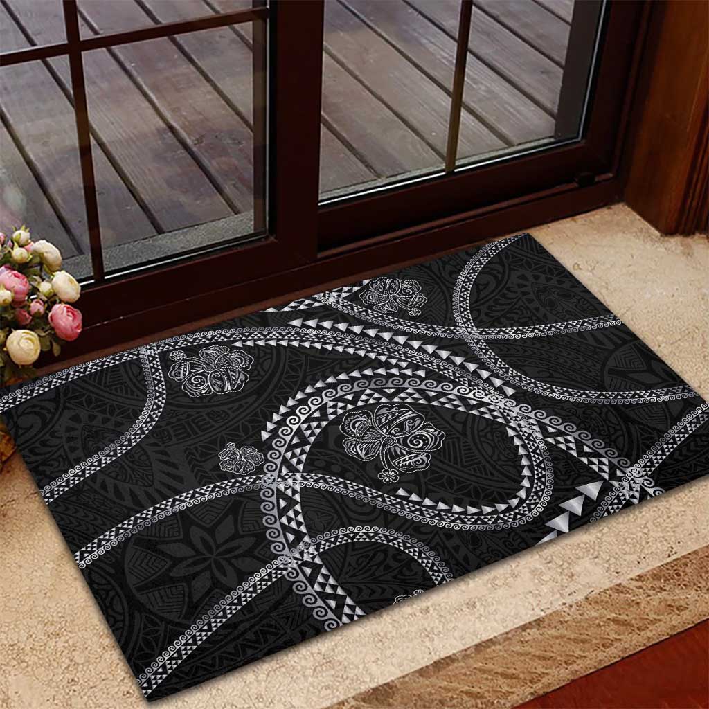 Hawaiian Kakau Art and Hisbiscus Tattoo Rubber Doormat Tribal Pattern-Silver Style - Polynesian Pride