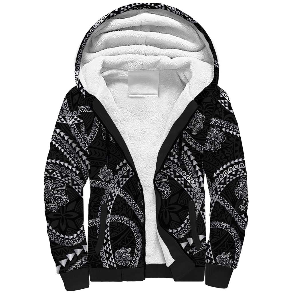 Hawaiian Kakau Art and Hisbiscus Tattoo Sherpa Hoodie Tribal Pattern-Silver Style LT03 Unisex Black - Polynesian Pride