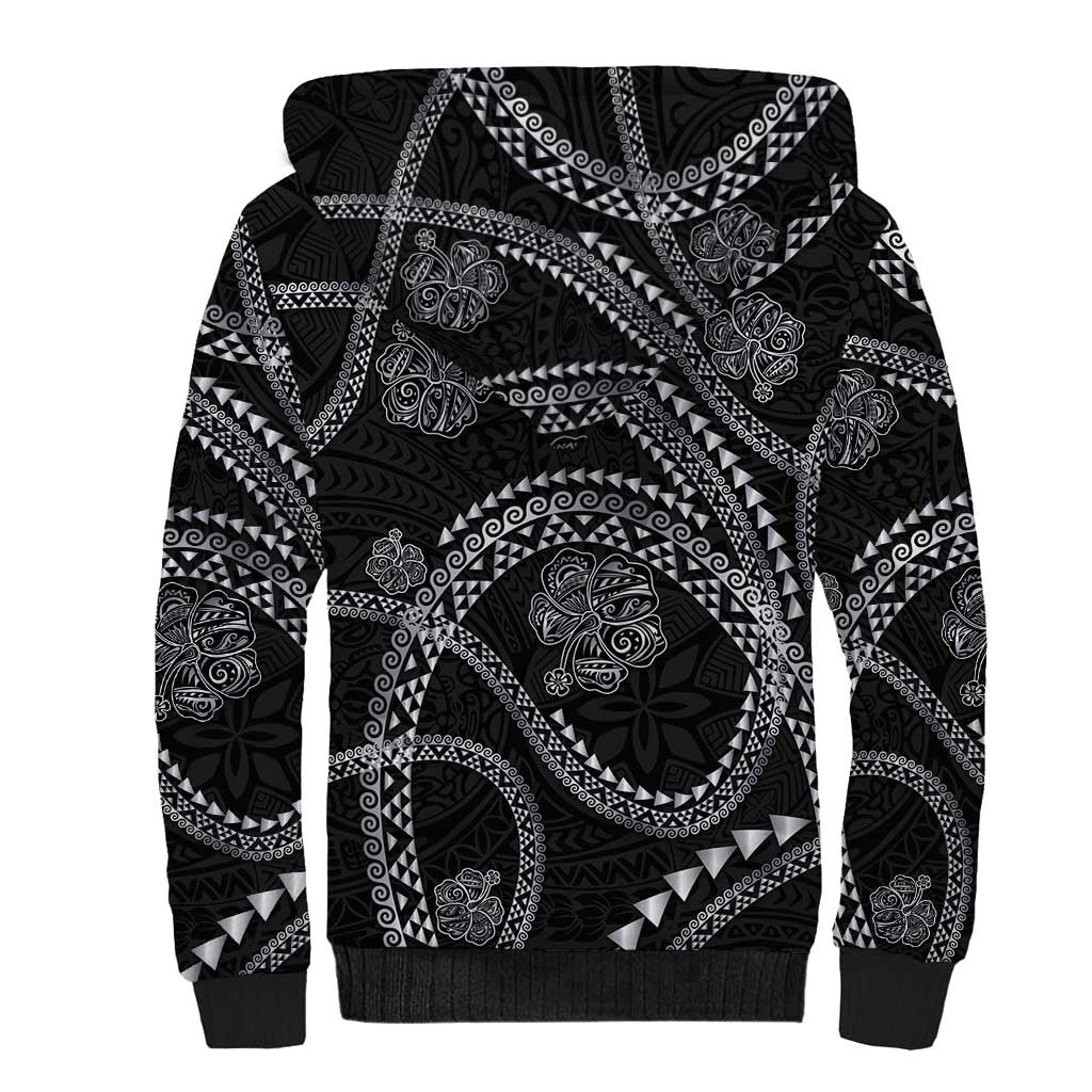 Hawaiian Kakau Art and Hisbiscus Tattoo Sherpa Hoodie Tribal Pattern-Silver Style - Polynesian Pride