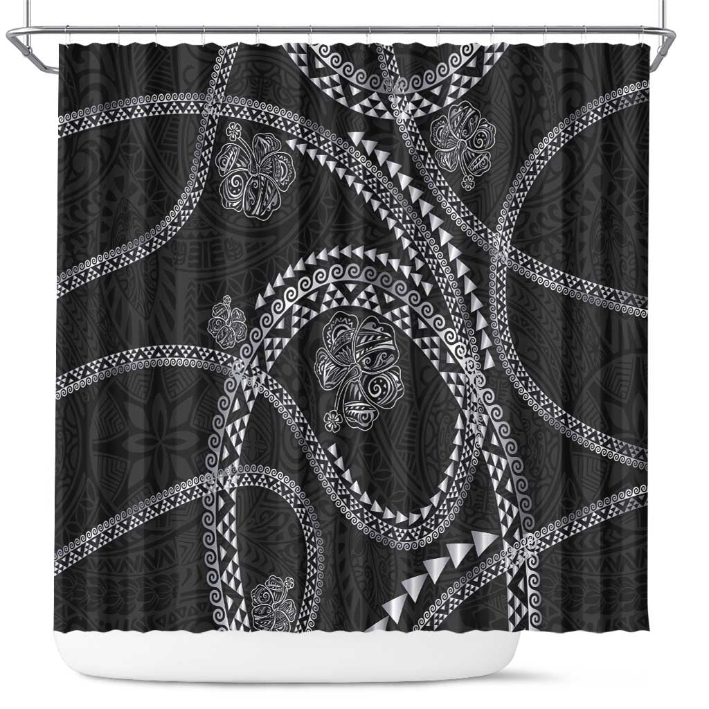 Hawaiian Kakau Art and Hisbiscus Tattoo Shower Curtain Tribal Pattern-Silver Style - Polynesian Pride