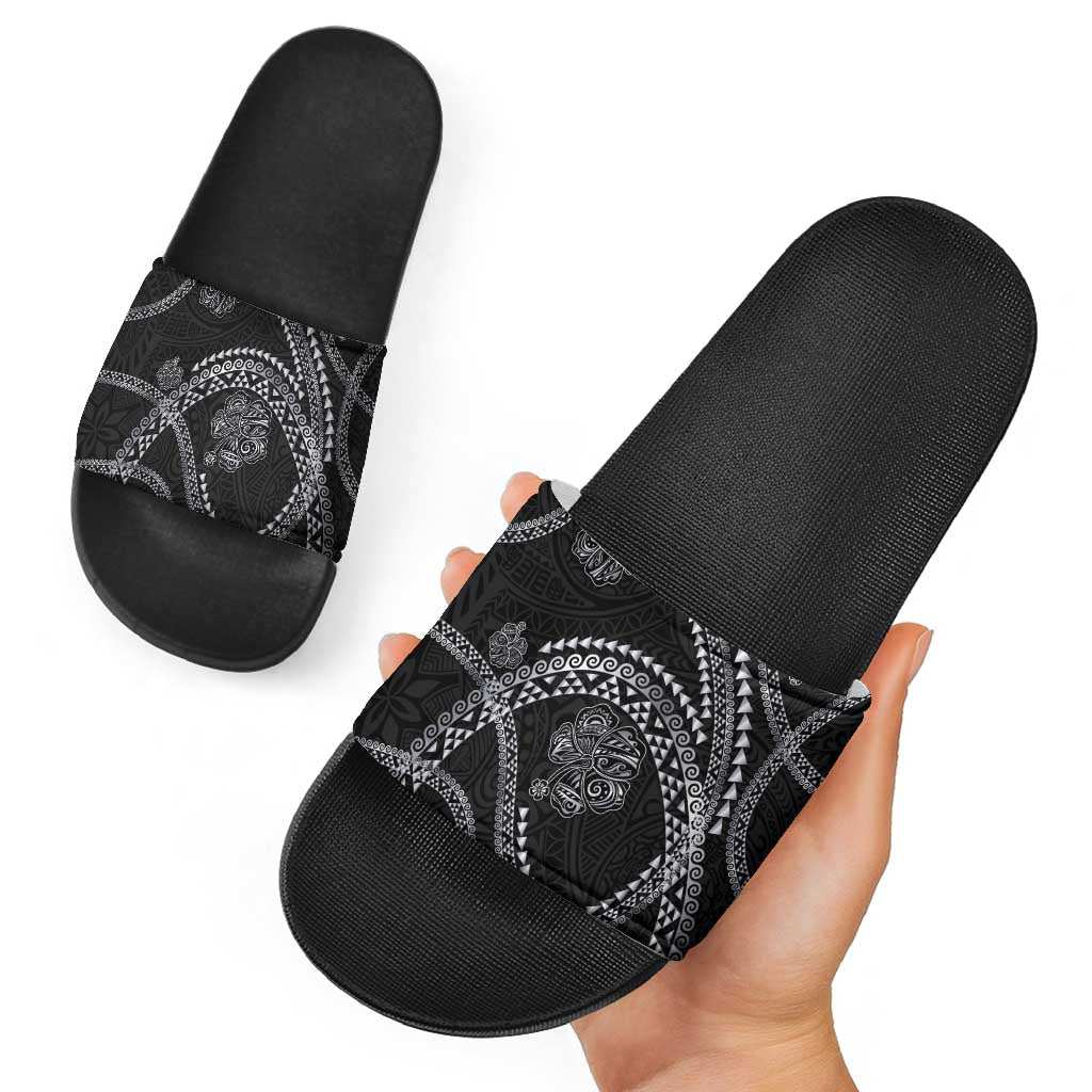 Hawaiian Kakau Art and Hisbiscus Tattoo Slide Sandals Tribal Pattern-Silver Style - Polynesian Pride