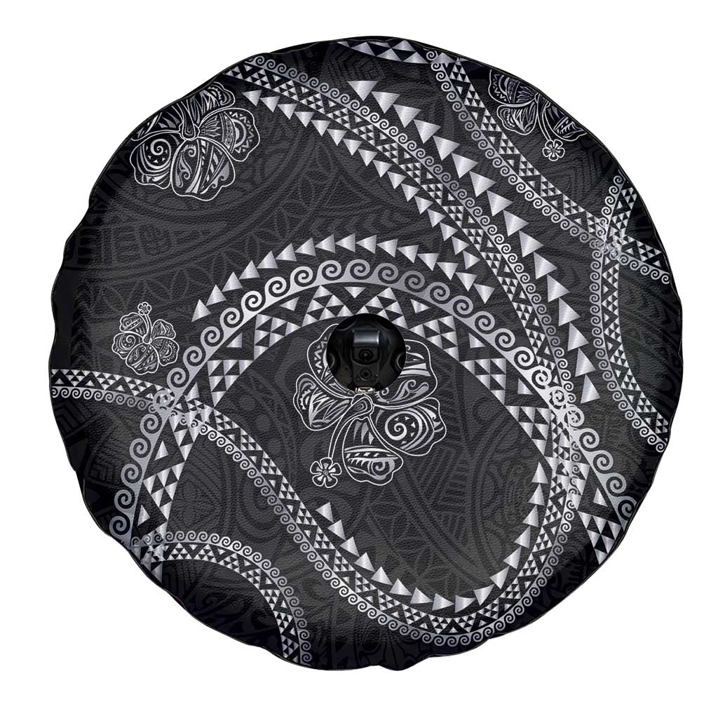 Hawaiian Kakau Art and Hisbiscus Tattoo Spare Tire Cover Tribal Pattern-Silver Style - Polynesian Pride
