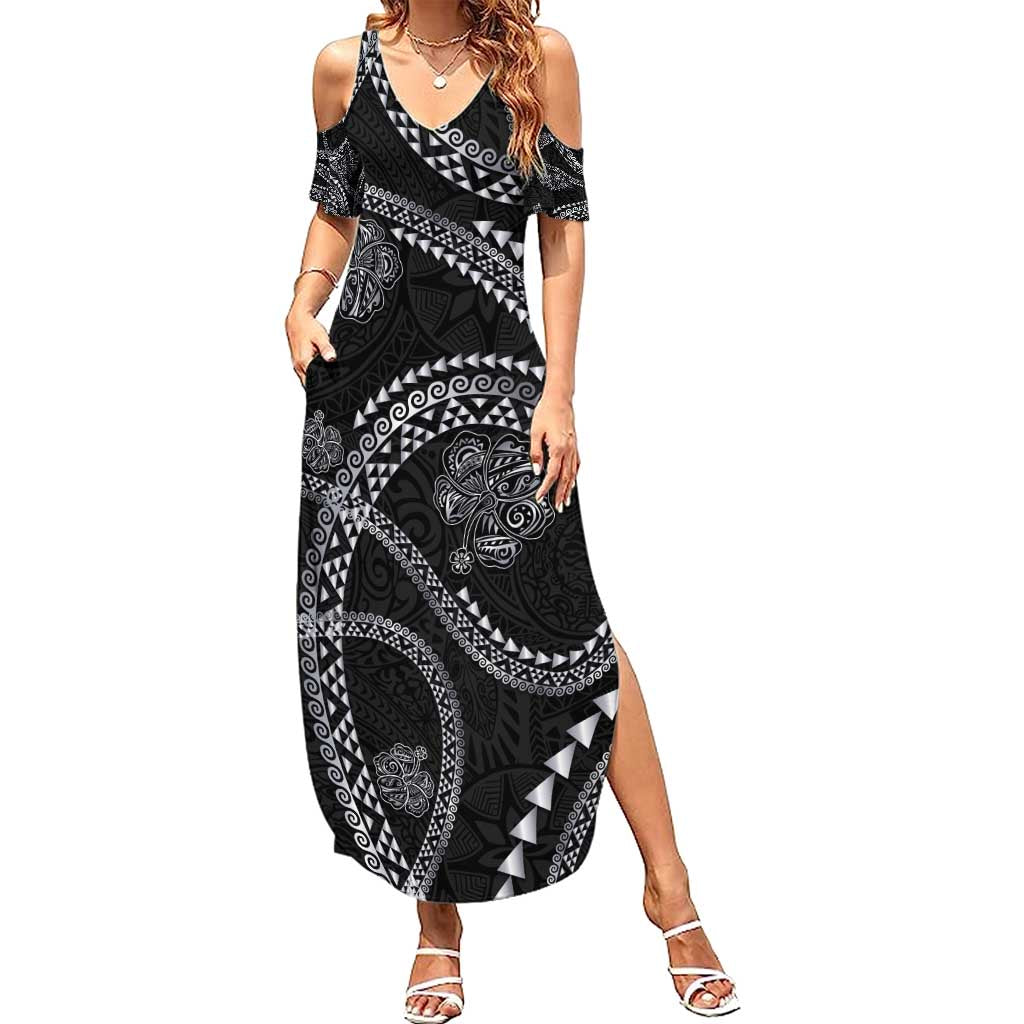 Hawaiian Kakau Art and Hisbiscus Tattoo Summer Maxi Dress Tribal Pattern-Silver Style - Polynesian Pride