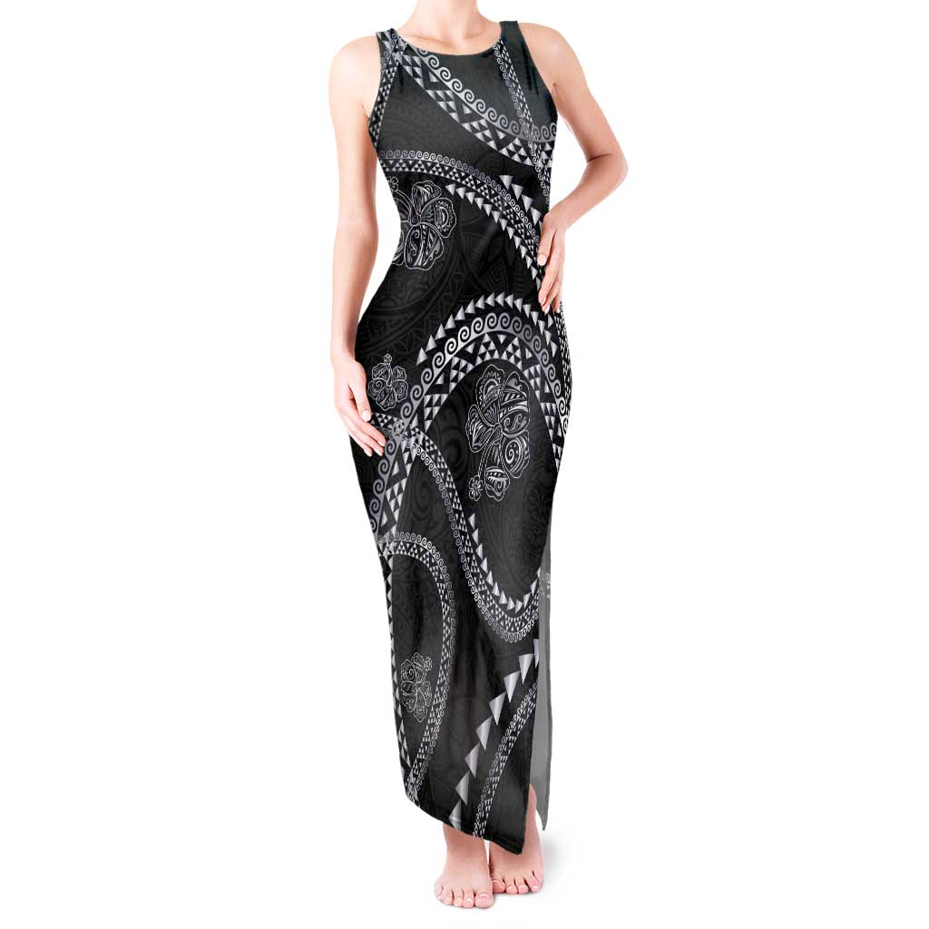 Hawaiian Kakau Art and Hisbiscus Tattoo Tank Maxi Dress Tribal Pattern-Silver Style - Polynesian Pride