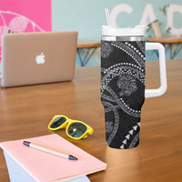 Hawaiian Kakau Art and Hisbiscus Tattoo Tumbler With Handle Tribal Pattern-Silver Style - Polynesian Pride