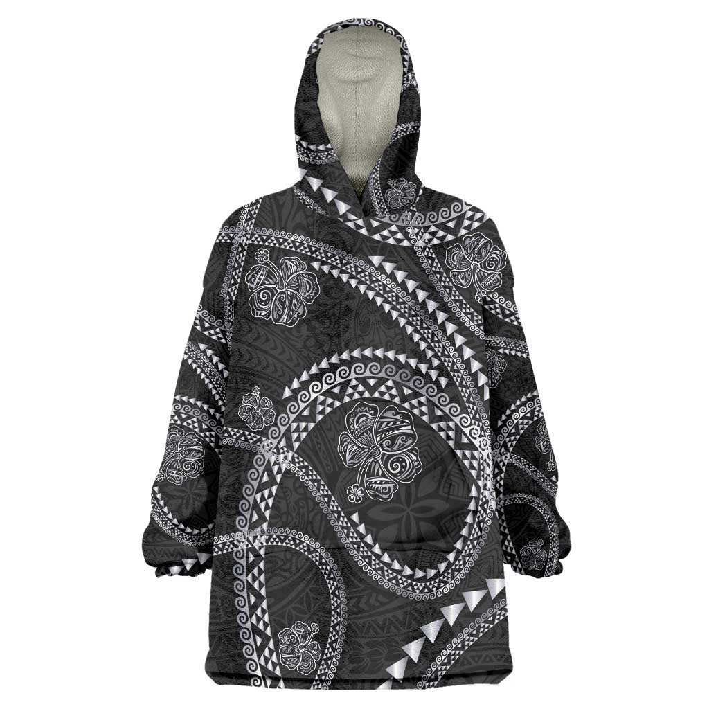 Hawaiian Kakau Art and Hisbiscus Tattoo Wearable Blanket Hoodie Tribal Pattern-Silver Style LT03 One Size Black - Polynesian Pride