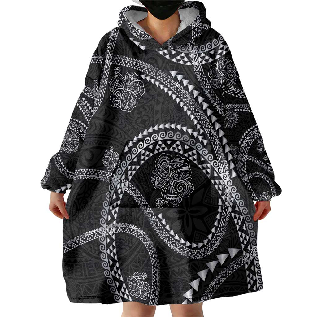 Hawaiian Kakau Art and Hisbiscus Tattoo Wearable Blanket Hoodie Tribal Pattern-Silver Style - Polynesian Pride