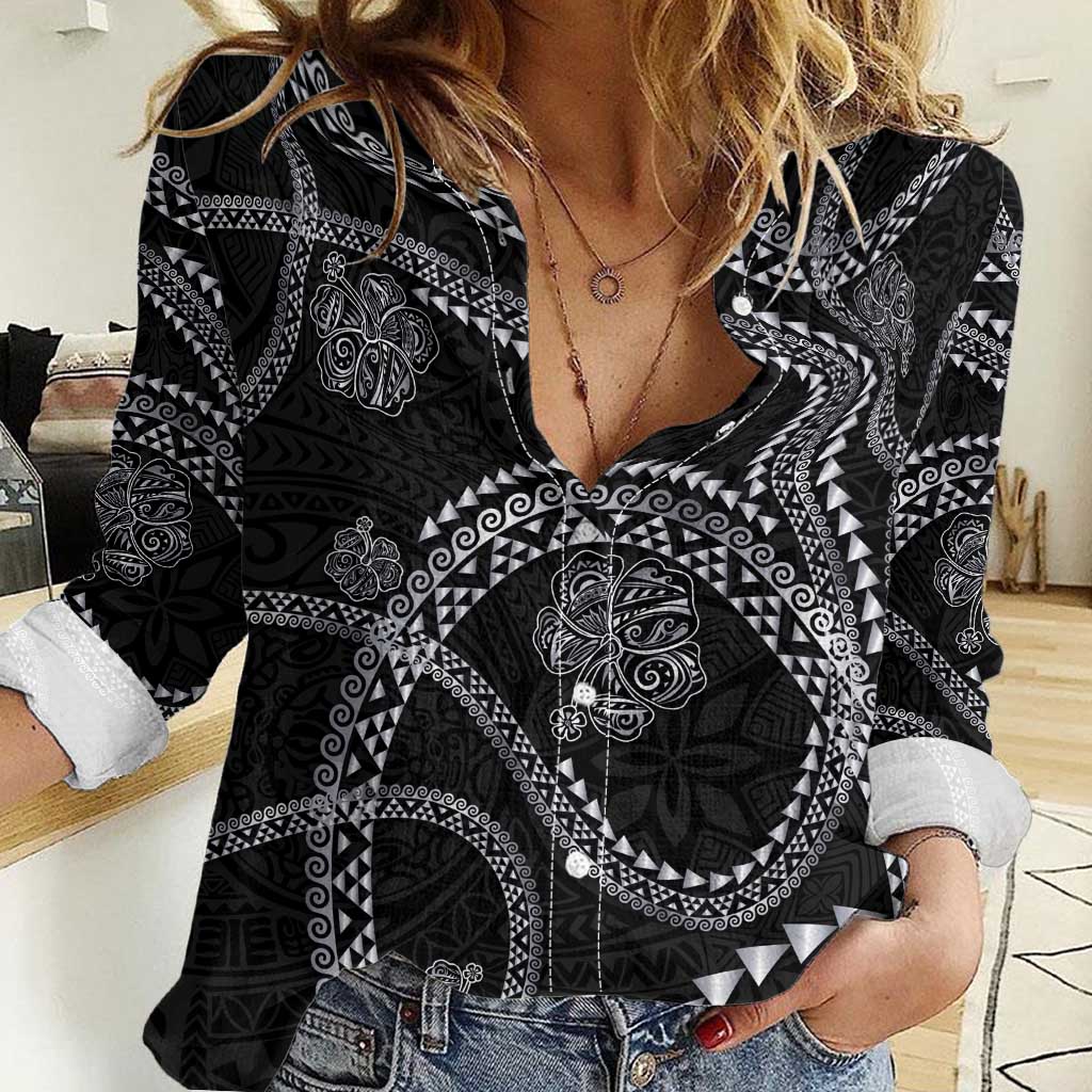 Hawaiian Kakau Art and Hisbiscus Tattoo Women Casual Shirt Tribal Pattern-Silver Style - Polynesian Pride