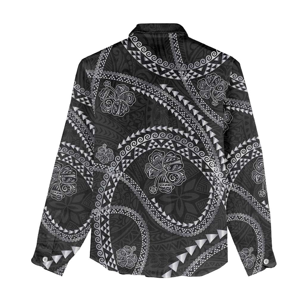 Hawaiian Kakau Art and Hisbiscus Tattoo Women Casual Shirt Tribal Pattern-Silver Style - Polynesian Pride