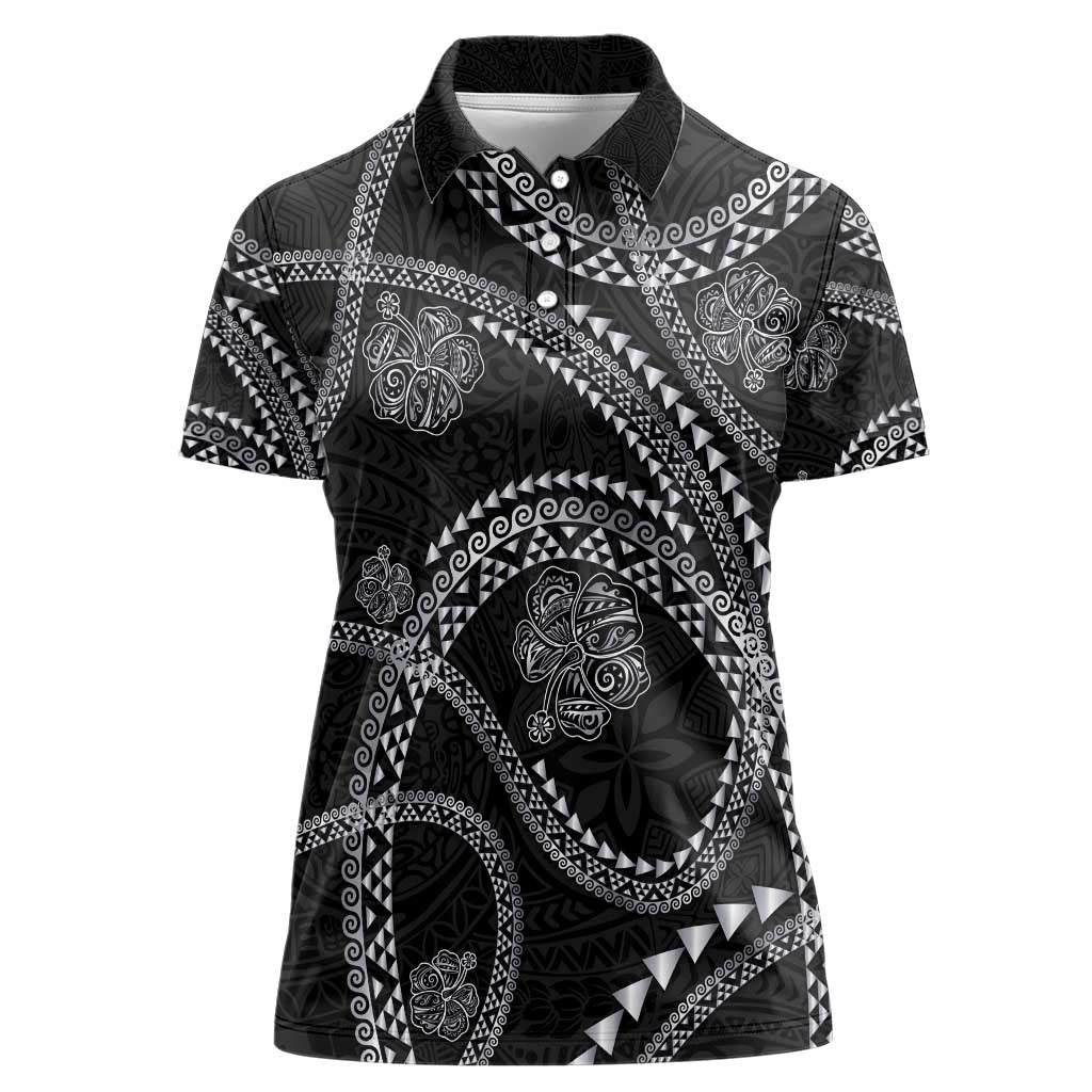 Hawaiian Kakau Art and Hisbiscus Tattoo Women Polo Shirt Tribal Pattern-Silver Style - Polynesian Pride