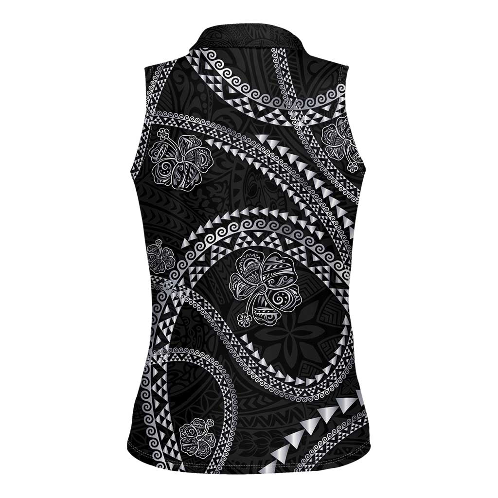 Hawaiian Kakau Art and Hisbiscus Tattoo Women Sleeveless Polo Shirt Tribal Pattern-Silver Style - Polynesian Pride