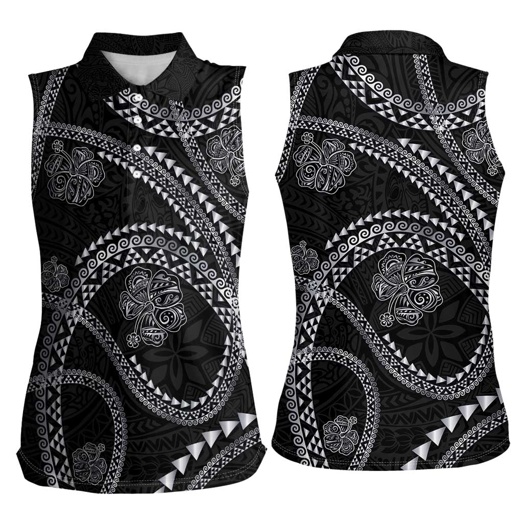 Hawaiian Kakau Art and Hisbiscus Tattoo Women Sleeveless Polo Shirt Tribal Pattern-Silver Style - Polynesian Pride