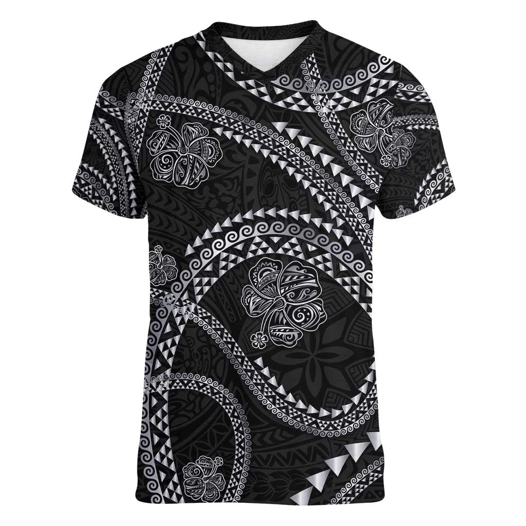 Hawaiian Kakau Art and Hisbiscus Tattoo Women V-Neck T-Shirt Tribal Pattern-Silver Style LT03 Female Black - Polynesian Pride