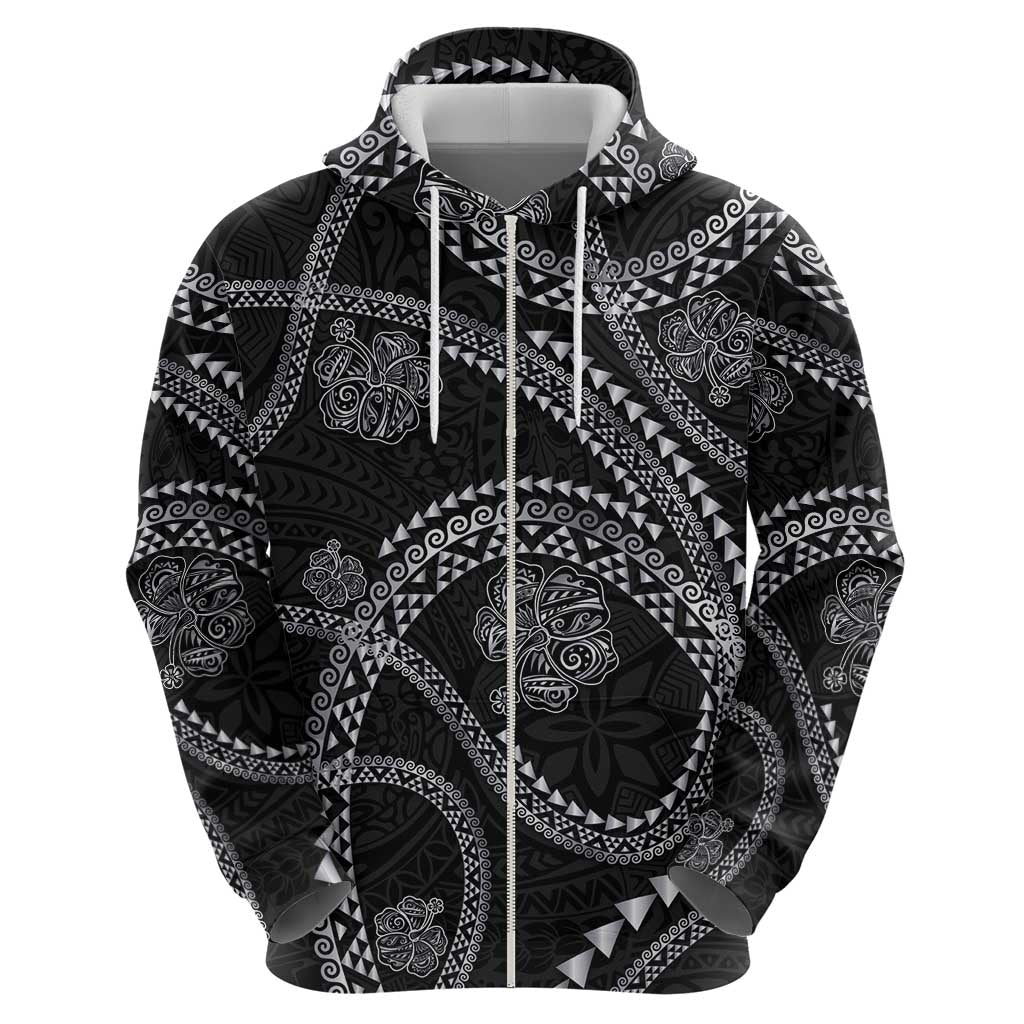 Hawaiian Kakau Art and Hisbiscus Tattoo Zip Hoodie Tribal Pattern-Silver Style - Polynesian Pride