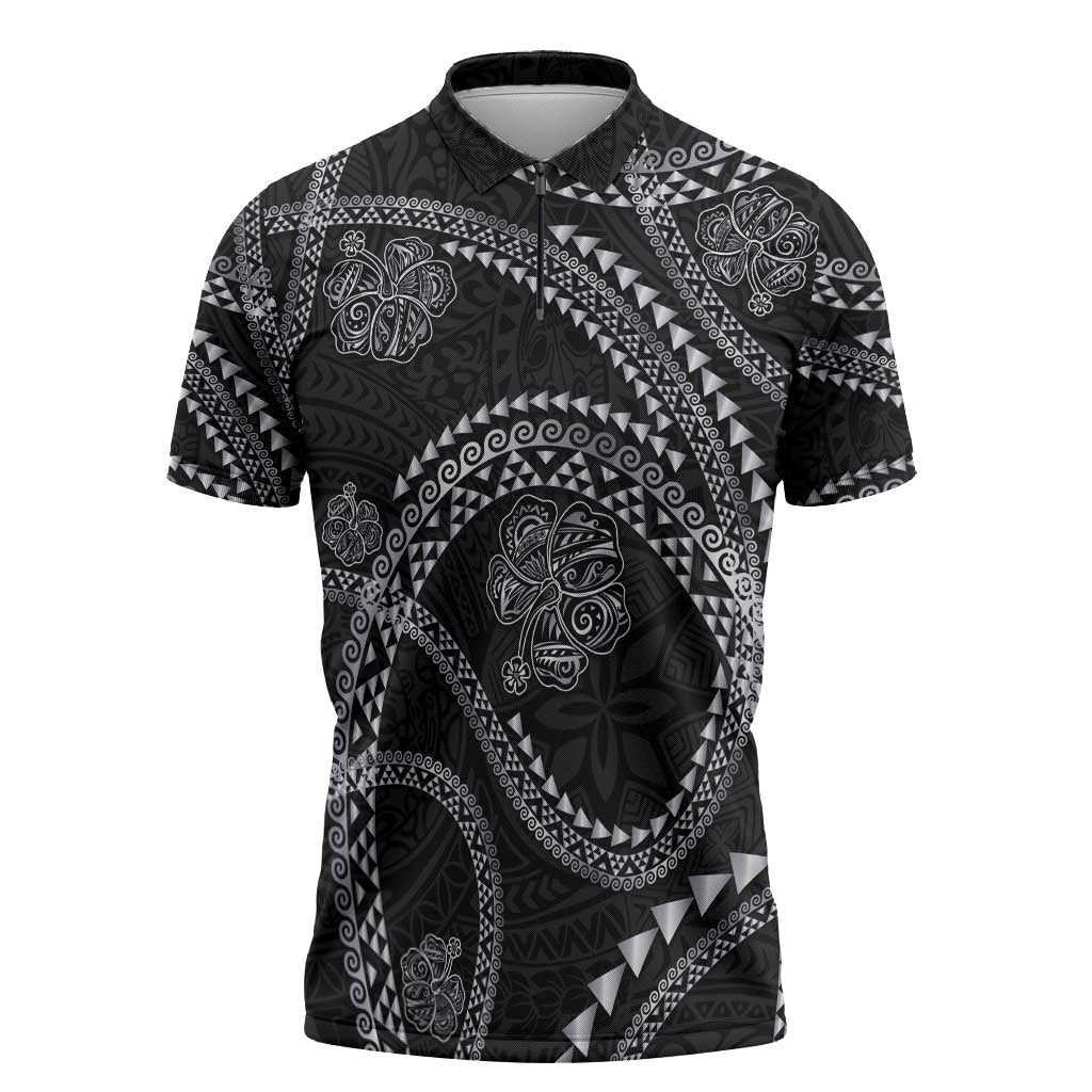 Hawaiian Kakau Art and Hisbiscus Tattoo Zipper Polo Shirt Tribal Pattern-Silver Style - Polynesian Pride