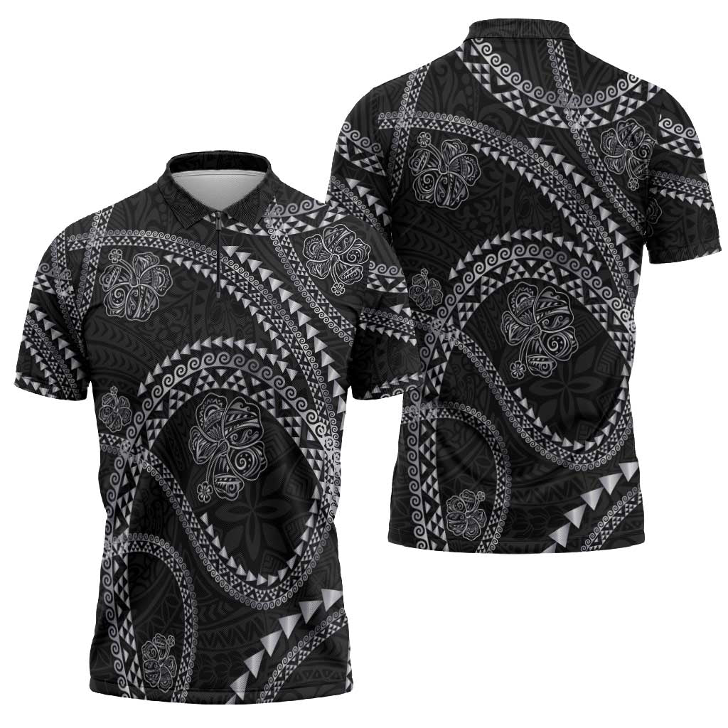 Hawaiian Kakau Art and Hisbiscus Tattoo Zipper Polo Shirt Tribal Pattern-Silver Style - Polynesian Pride