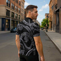 Hawaiian Kakau Art and Hisbiscus Tattoo Zipper Polo Shirt Tribal Pattern-Silver Style - Polynesian Pride