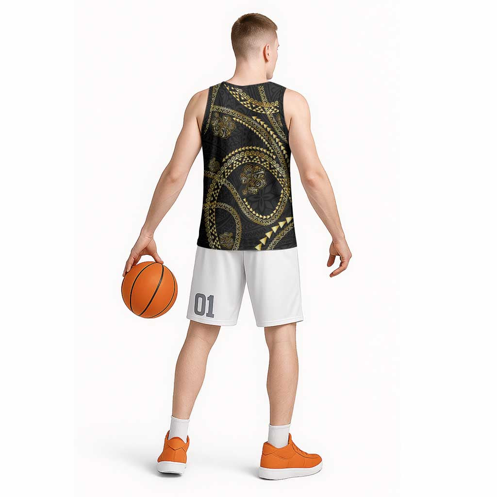 Hawaiian Kakau Art and Hisbiscus Tattoo Basketball Jersey Tribal Pattern-Gold Style - Polynesian Pride