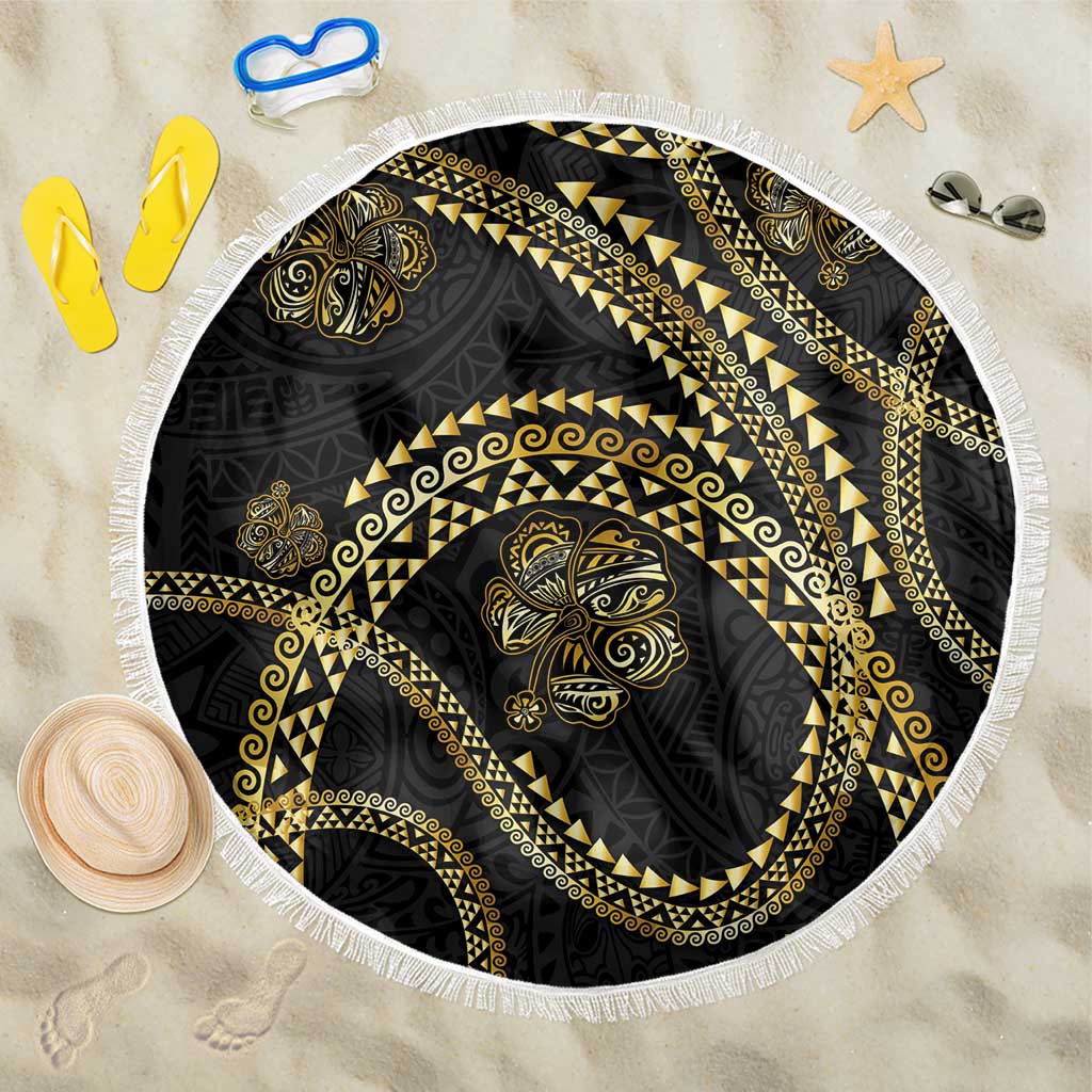 Hawaiian Kakau Art and Hisbiscus Tattoo Beach Blanket Tribal Pattern-Gold Style - Polynesian Pride
