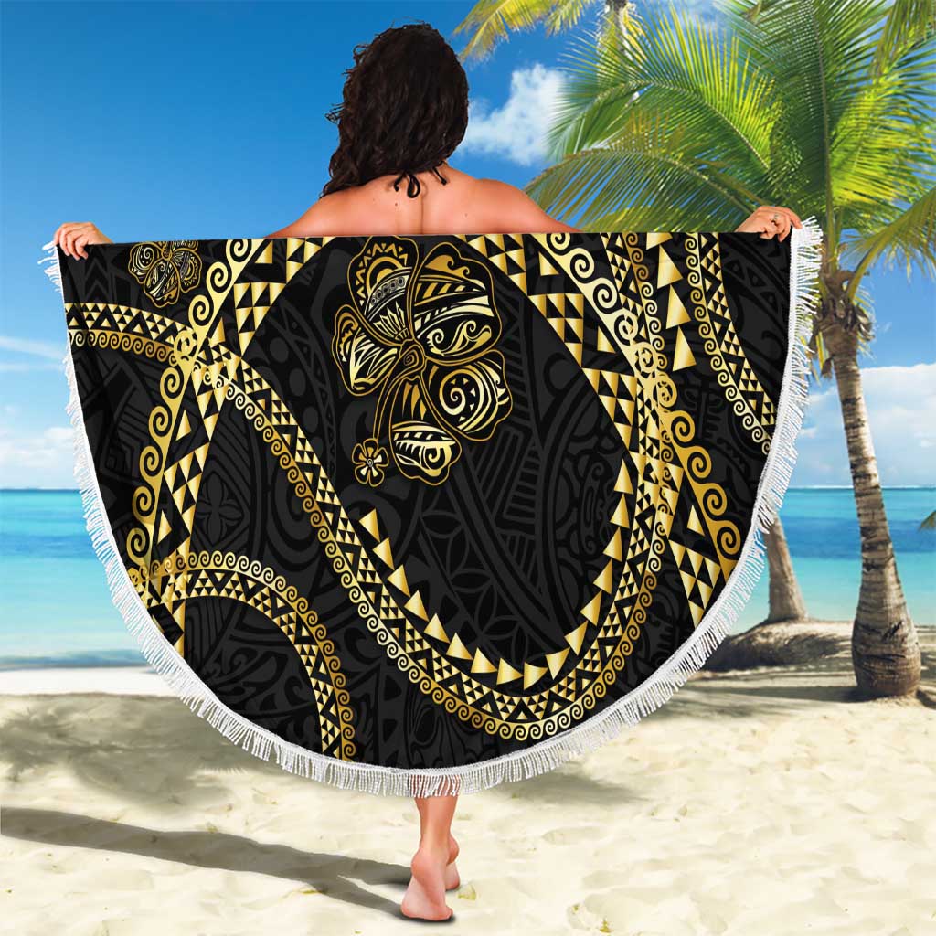 Hawaiian Kakau Art and Hisbiscus Tattoo Beach Blanket Tribal Pattern-Gold Style - Polynesian Pride