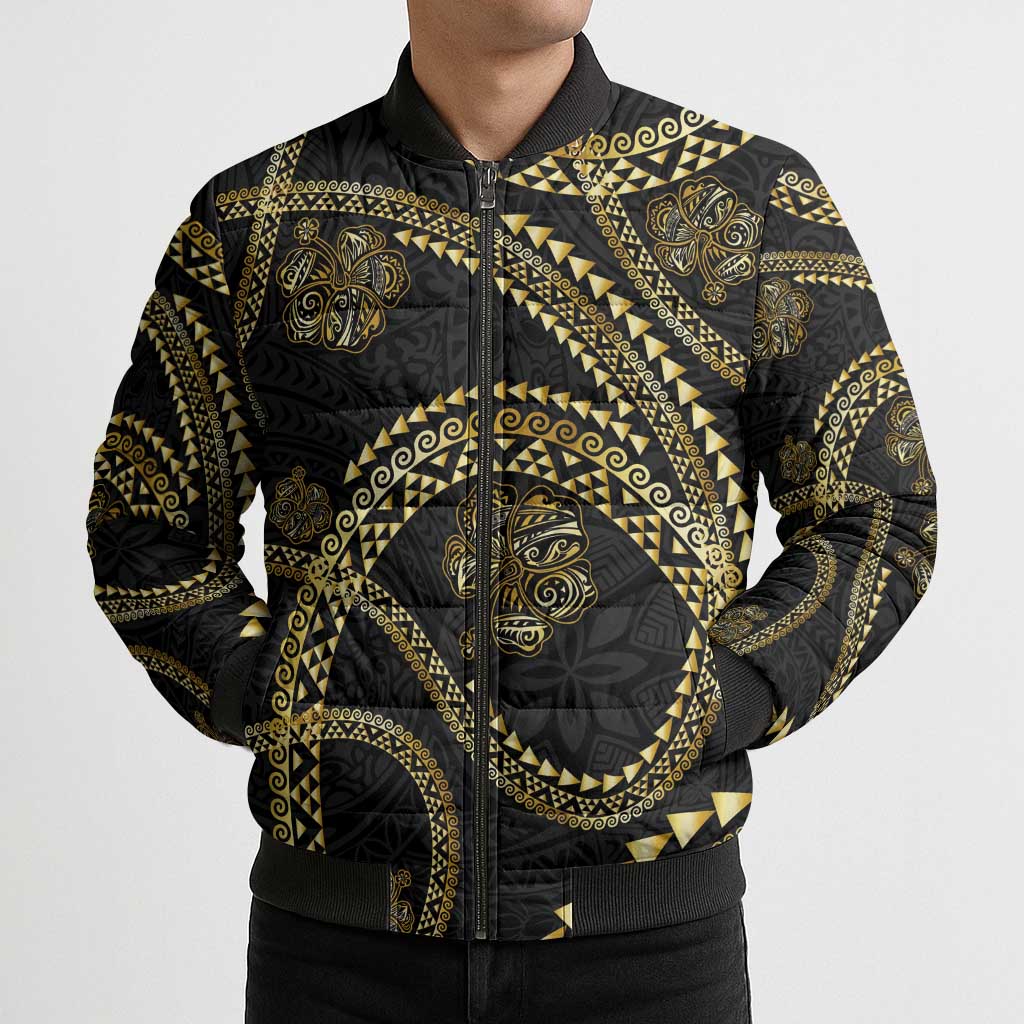 Hawaiian Kakau Art and Hisbiscus Tattoo Bomber Puffer Jacket Tribal Pattern-Gold Style - Polynesian Pride
