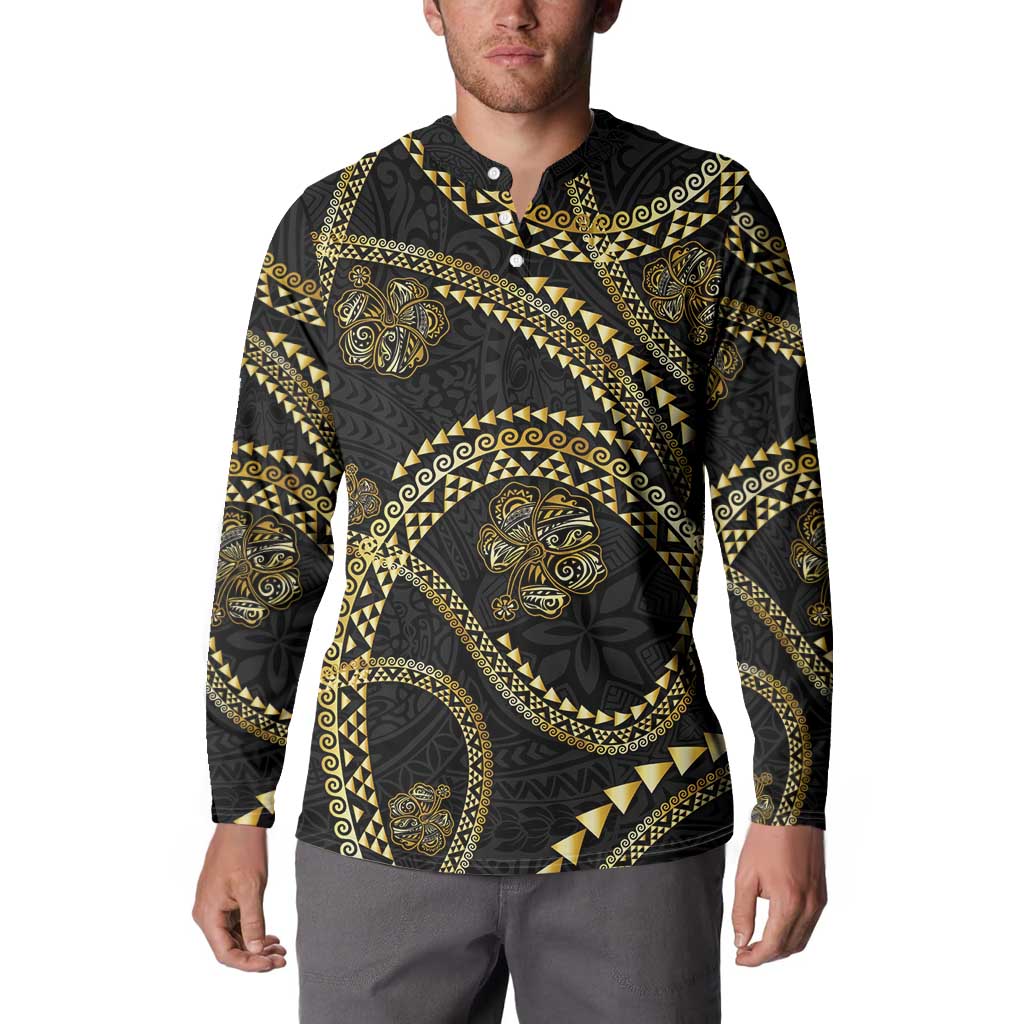 Hawaiian Kakau Art and Hisbiscus Tattoo Button Sweatshirt Tribal Pattern-Gold Style - Polynesian Pride