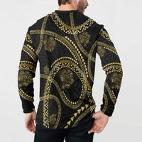 Hawaiian Kakau Art and Hisbiscus Tattoo Button Sweatshirt Tribal Pattern-Gold Style - Polynesian Pride