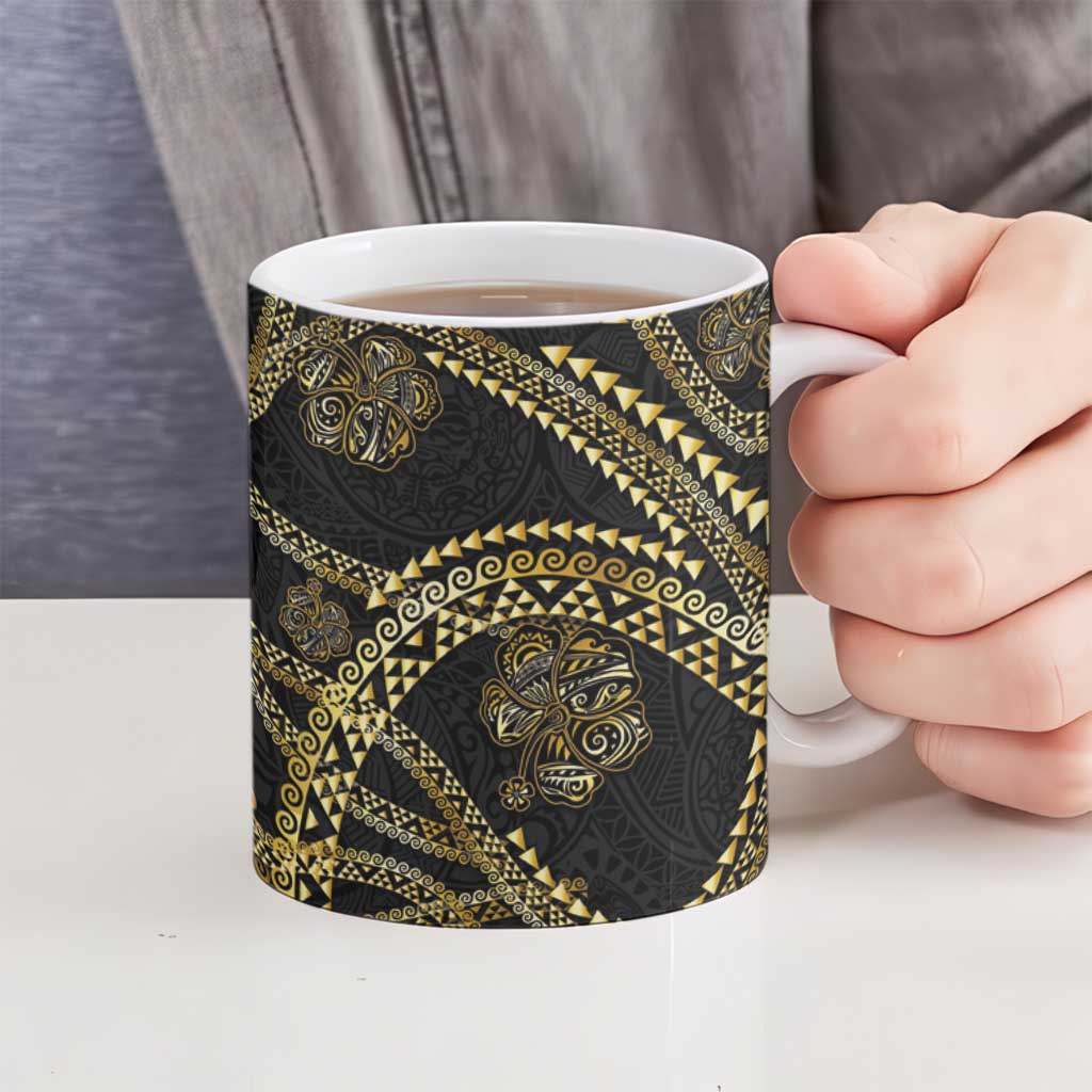 Hawaiian Kakau Art and Hisbiscus Tattoo Ceramic Mug Tribal Pattern-Gold Style - Polynesian Pride