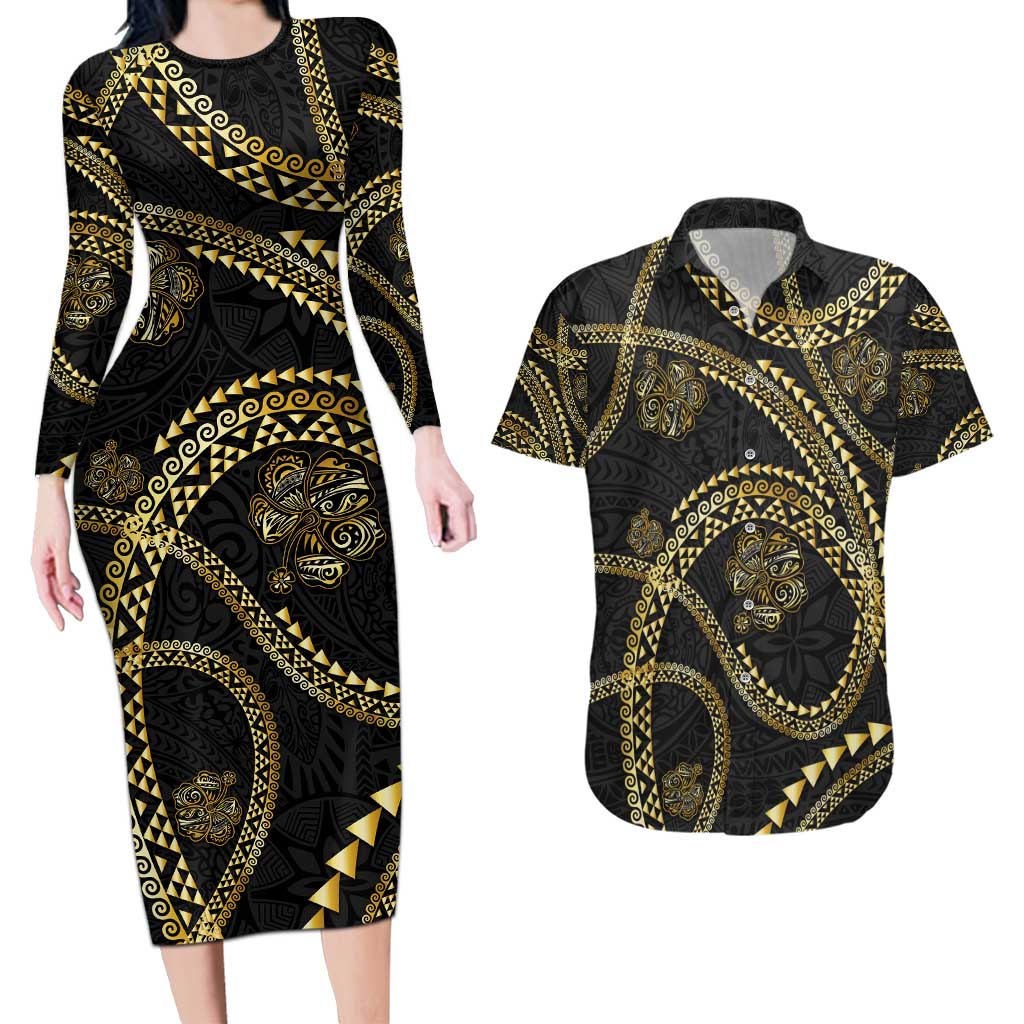 Hawaiian Kakau Art and Hisbiscus Tattoo Couples Matching Long Sleeve Bodycon Dress and Hawaiian Shirt Tribal Pattern-Gold Style - Polynesian Pride