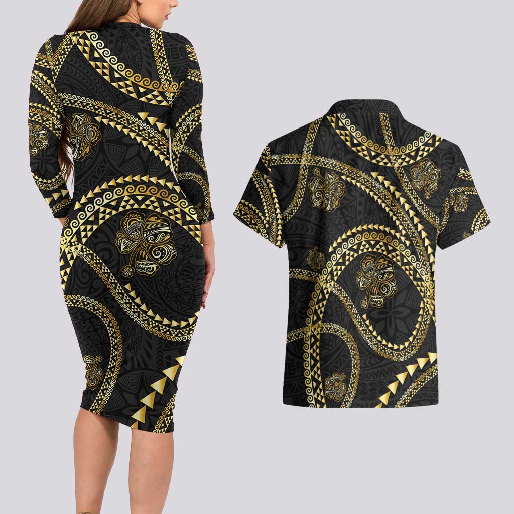 Hawaiian Kakau Art and Hisbiscus Tattoo Couples Matching Long Sleeve Bodycon Dress and Hawaiian Shirt Tribal Pattern-Gold Style - Polynesian Pride