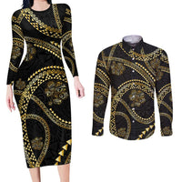 Hawaiian Kakau Art and Hisbiscus Tattoo Couples Matching Long Sleeve Bodycon Dress and Long Sleeve Button Shirt Tribal Pattern-Gold Style - Polynesian Pride