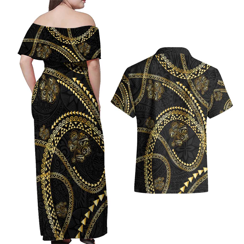 Hawaiian Kakau Art and Hisbiscus Tattoo Couples Matching Off Shoulder Maxi Dress and Hawaiian Shirt Tribal Pattern-Gold Style - Polynesian Pride