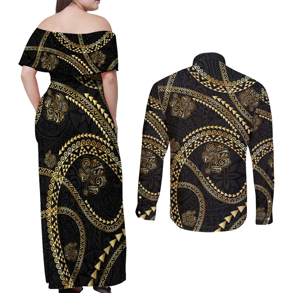 Hawaiian Kakau Art and Hisbiscus Tattoo Couples Matching Off Shoulder Maxi Dress and Long Sleeve Button Shirt Tribal Pattern-Gold Style - Polynesian Pride