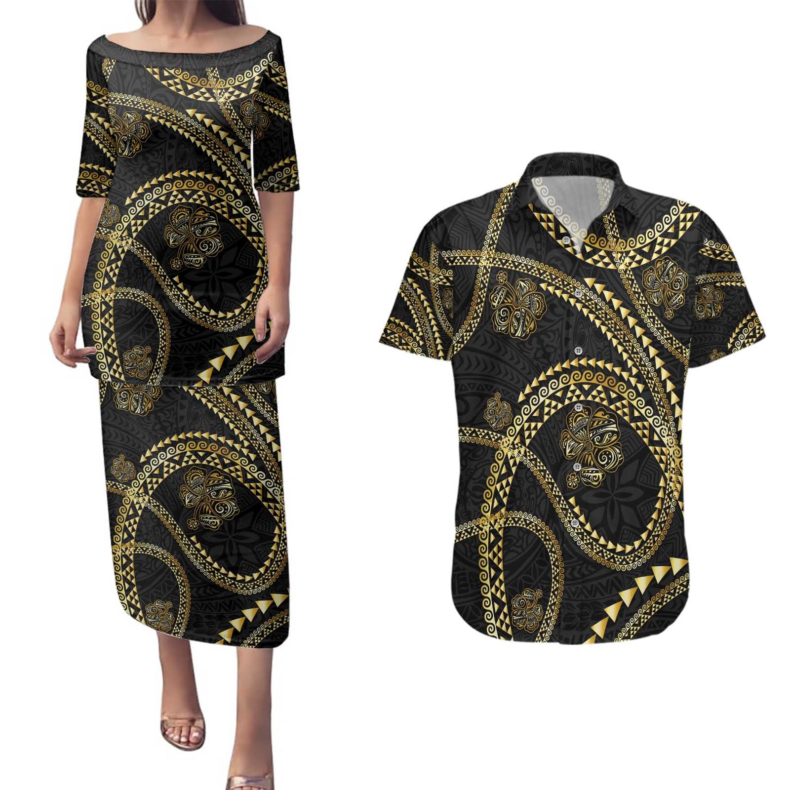 Hawaiian Kakau Art and Hisbiscus Tattoo Couples Matching Puletasi and Hawaiian Shirt Tribal Pattern-Gold Style LT03 Black - Polynesian Pride